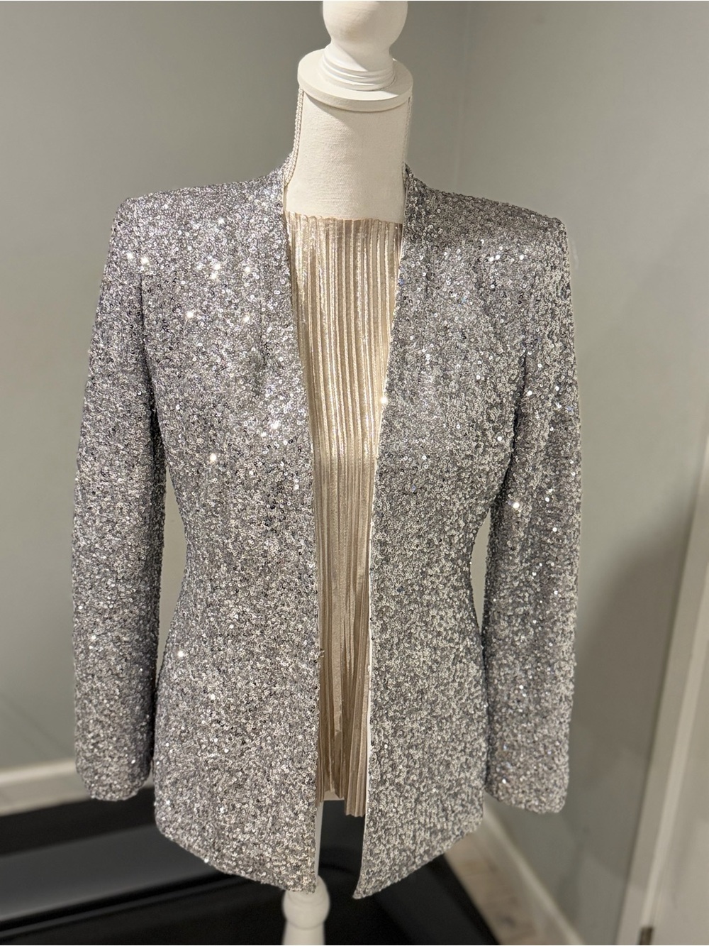 Zara Silver Sequin Open-Front Blazer